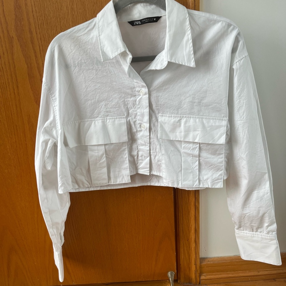 Cropped white button down shirt with pockets